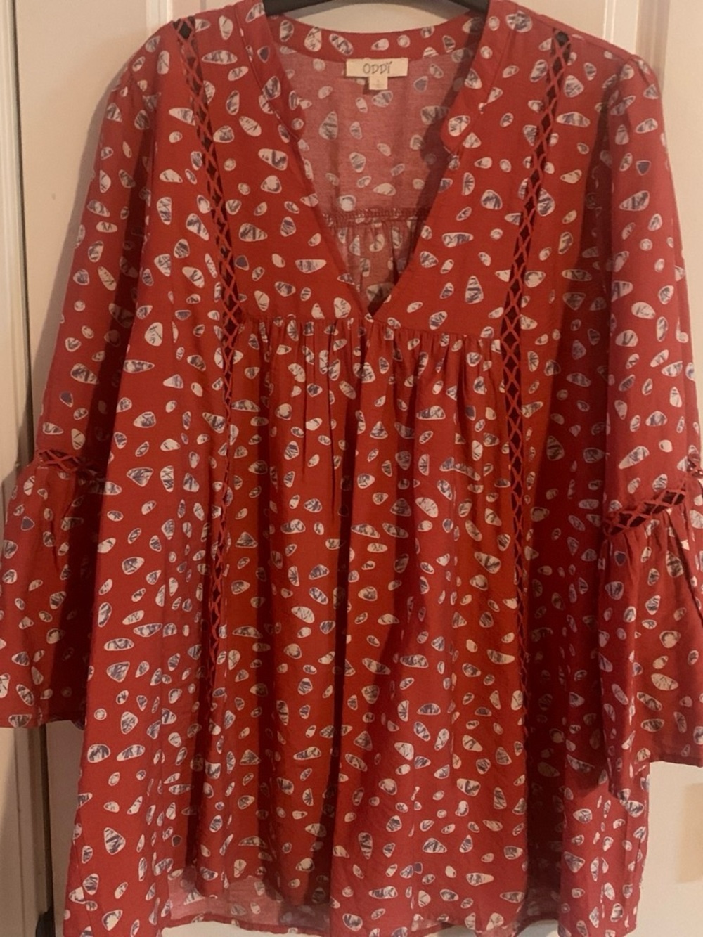 Oddi Rust Red Printed Peasant Blouse